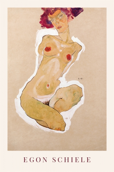 Egon Schiele - Squatting Female Nude Variante 1 | 60x90 cm | Premium-Papier wasserfest